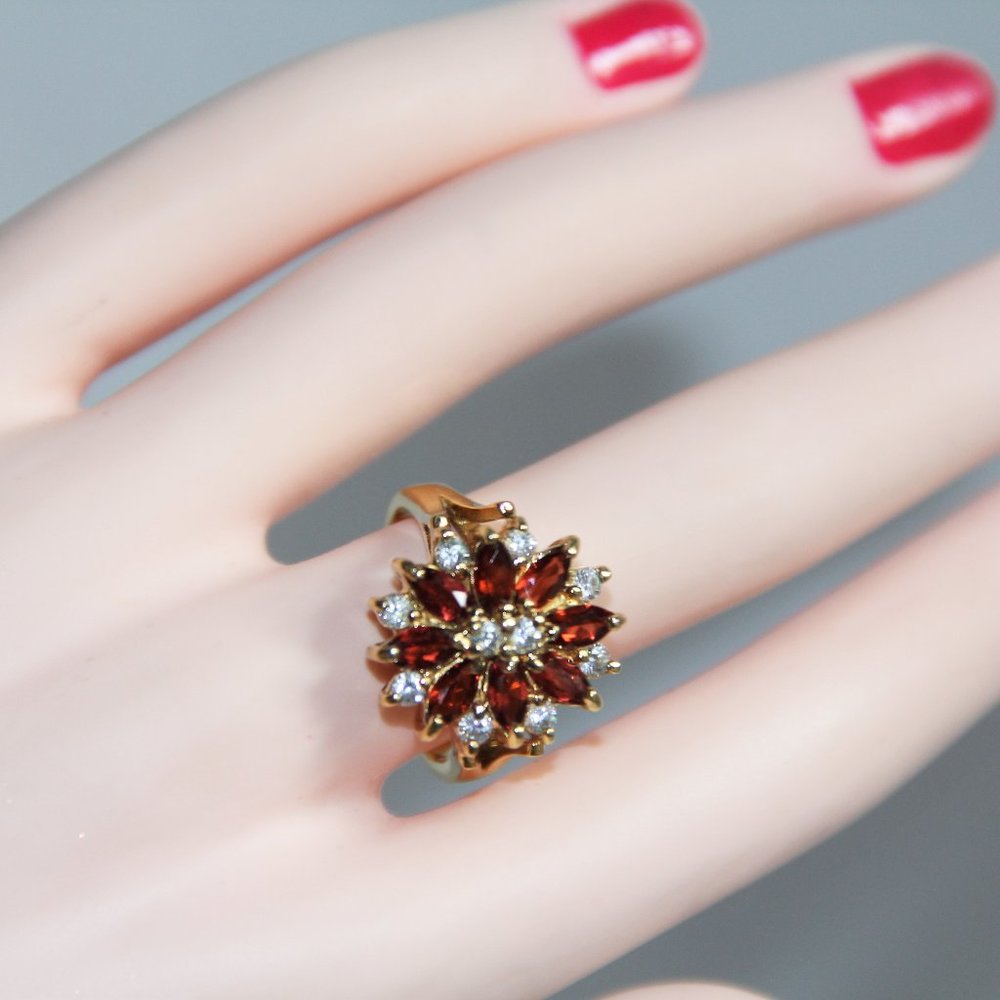 Garnet and Cubic Zirconia Flower Shape Gold  Ring